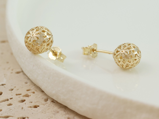 Kolczyki złote ażurowa kulka na sztyfcie