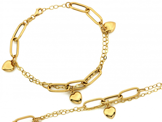 Złota bransoletka z dmuchanymi wiszącymi sercami