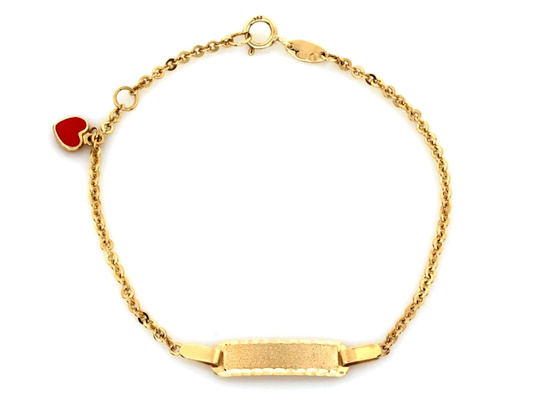 Złota bransoletka dla dziecka z satynowaną blaszką i emaliowanym sercem