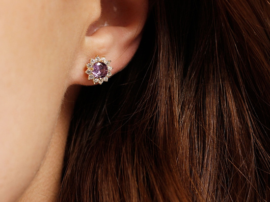 Kolczyki złote okrągła markiza na sztyfcie z fioletowym kamieniem