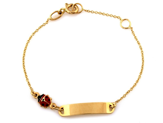 Złota bransoletka z blaszką pod grawer dla dziewczynki z biedronką