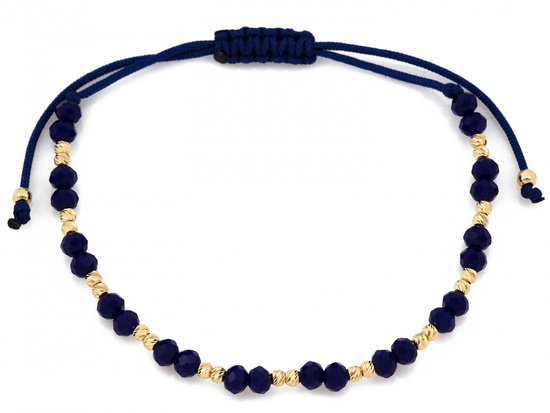 Bransoletka złota z kulkami na niebieskim sznurku