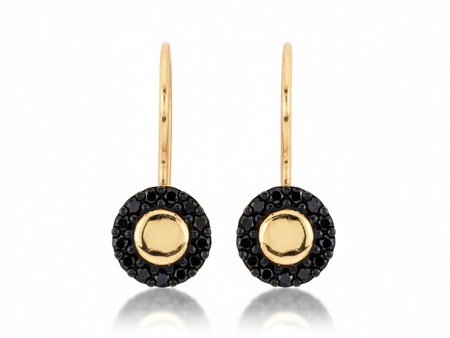 Kolczyki złote na biglu okrągłe z czarnymi cyrkoniami