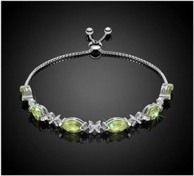 Bransoletka srebrna 925 z 6 naturalnymi oliwinami i diamentowymi cyrkoniami