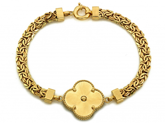 Złota bransoleta gruby splot królewski czarny kwiat z onyksem