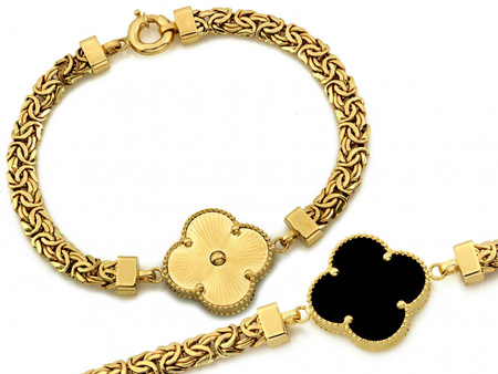 Złota bransoleta gruby splot królewski czarny kwiat z onyksem
