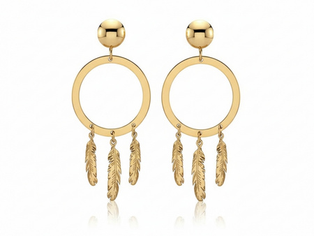 Kolczyki złote kółka z wiszącymi piórkami