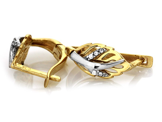 Kolczyki złote z liściem z cyrkoniami