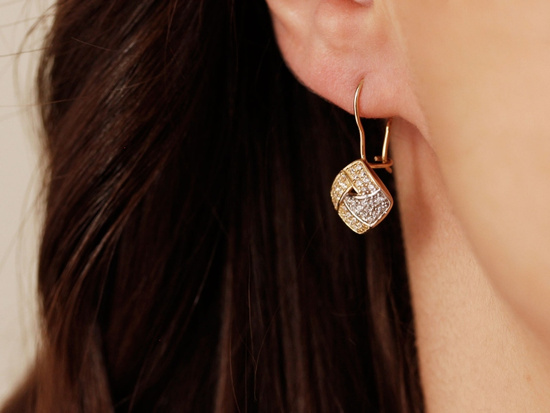 Kolczyki złote na biglu kwadraty z cyrkoniami