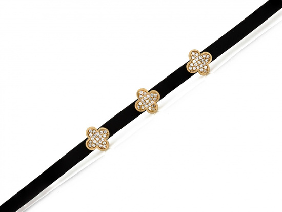 Bransoletka złota kwiatki z cyrkoniami na czarnym pasku
