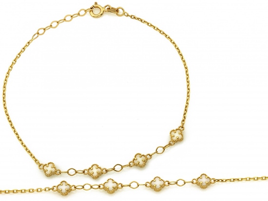 Bransoletka złota łańcuszkowa małe kwiatki z masą perłową