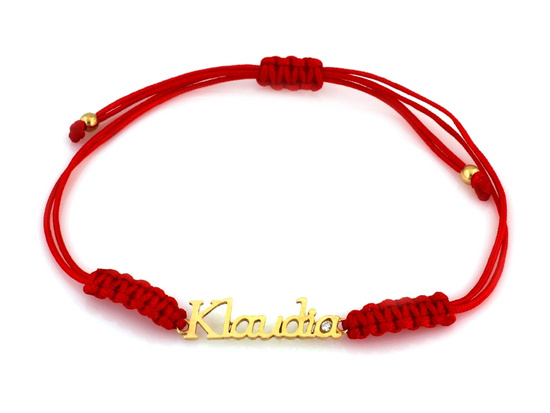 Bransoletka imię Klaudia ze złota na czerwonym sznurku