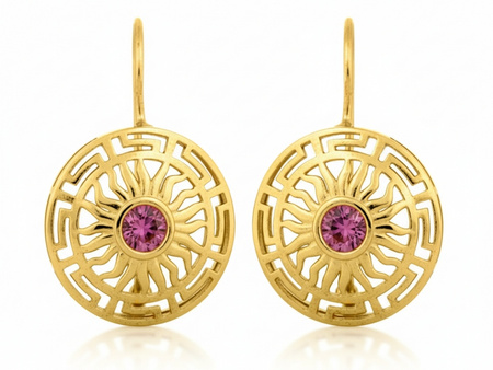 Kolczyki złote okrągłe na biglu z różowym rodolitem