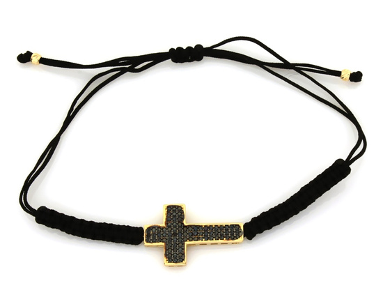Bransoletka złota krzyżyk wysadzany czarnymi cyrkoniami na sznurku