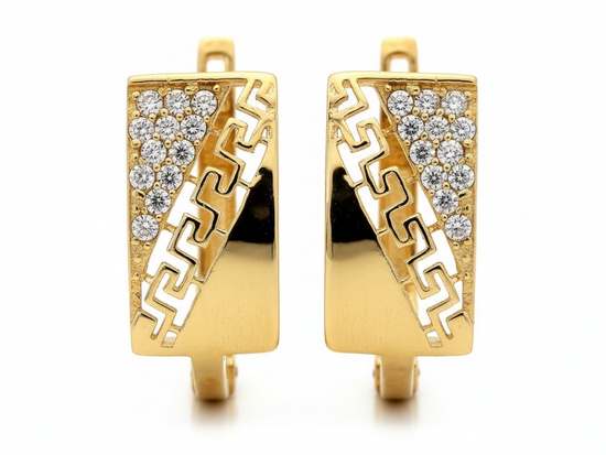 Kolczyki złote angielskie blaszki z cyrkoniami i greckim wzorem
