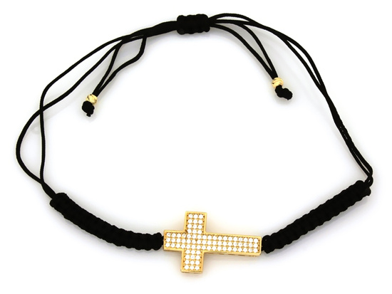 Bransoletka złota krzyżyk wysadzany cyrkoniami na czarnym sznurku