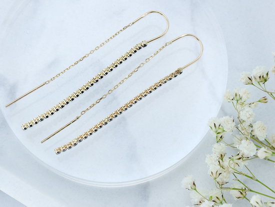 Kolczyki złote przeciągane długie wiszące z czarnymi cyrkoniami