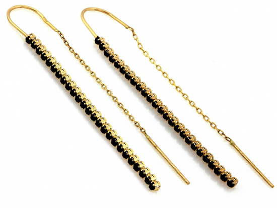 Kolczyki złote przeciągane długie wiszące z czarnymi cyrkoniami