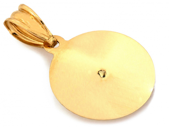 Złoty medalik okrągły zdobiony z Matką Boską