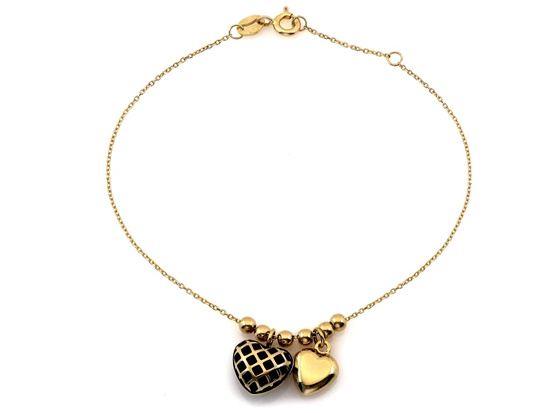 Złota bransoletka z kulkami z wiszącymi sercami z czarną emalią