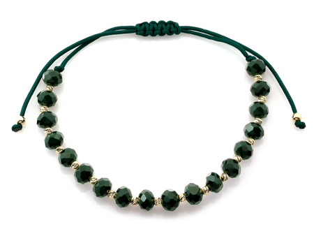 Bransoletka złote kulki i zielone kamienie na zielonym sznurku