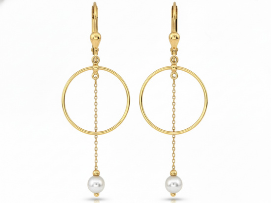 Kolczyki złote angielskie wiszące kółka z perłą na łańcuszku
