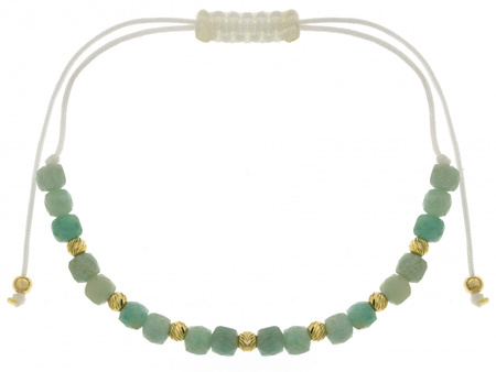 Bransoletka złote kulki i zielone kamienie na białym sznurku