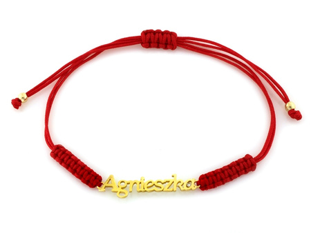 Bransoletka złota imię Agnieszka na czerwonym sznurku