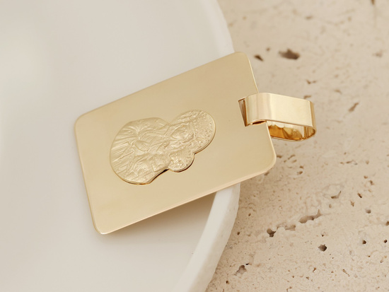 Duży złoty medalik prostokątny z Matką Boską Częstochowską