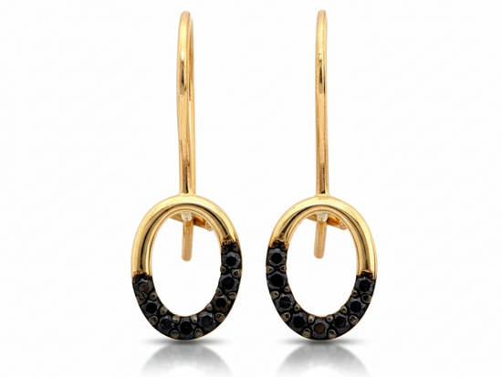 Kolczyki złote delikatne owalne na biglu z czarnymi cyrkoniami