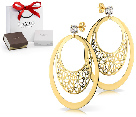 Złote kolczyki 585 - wiszące ażurowe owale