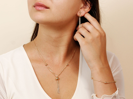 Kolczyki złote długie wiszące z kulkami i łańcuszkami