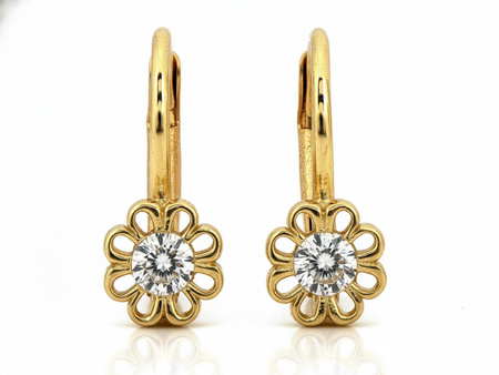 Kolczyki złote dla dziewczynki ażurowy kwiatek z cyrkonią