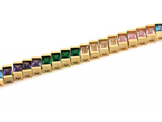 Bransoletka złota prostokątne elementy z kolorowymi cyrkoniami