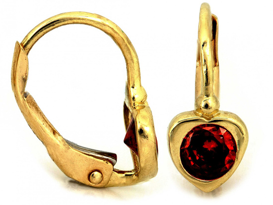 Delikatne złote kolczyki z sercem z czerwonym kamieniem angielskie