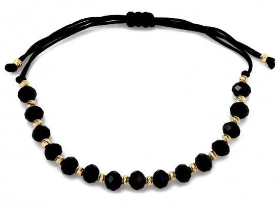 Bransoletka złote kulki i czarne kamienie na czarnym sznurku