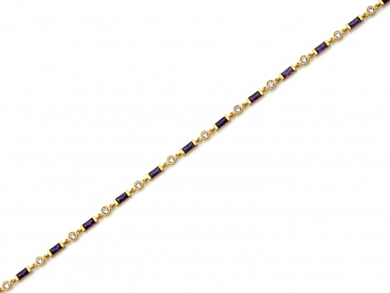 Złota delikatna bransoletka z fioletowymi prostokątnymi kamieniami