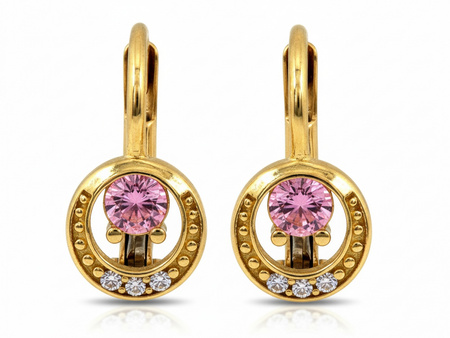 Kolczyki złote angielskie z różowym kamieniem
