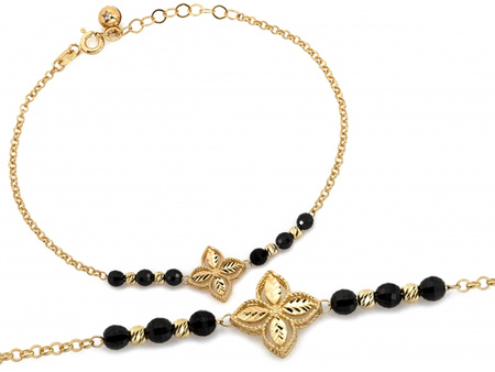 Bransoletka złota z onyksami z modnym kwiatkiem