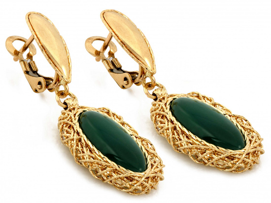 Kolczyki złote duże owalne wiszące z zielonym agatem