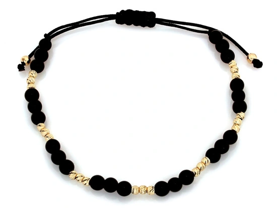 Bransoletka złota i czarne kulki na czarnym sznurku