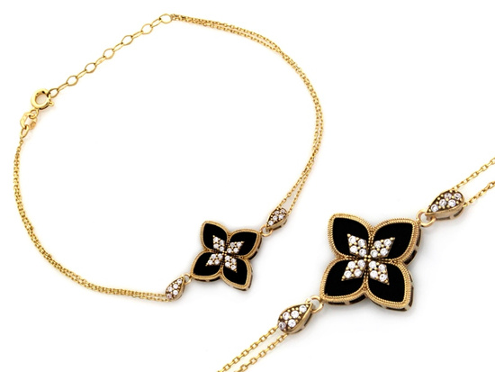 Złota bransoletka podwójny łańcuszek kwiatek z cyrkoniami i onyksami