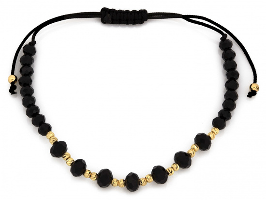 Bransoletka złote kulki i czarne onyksy na czarnym sznurku