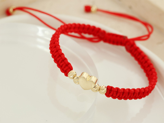 Bransoletka złota serce i kulki na czerwonym sznurku
