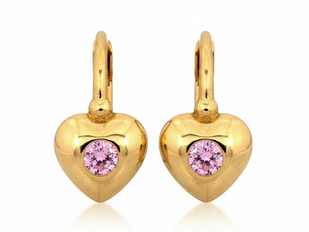 Kolczyki złote angielskie z sercem z różowym kamieniem