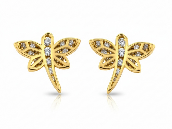 Złote kolczyki ażurowa ważka z cyrkoniami na sztyfcie