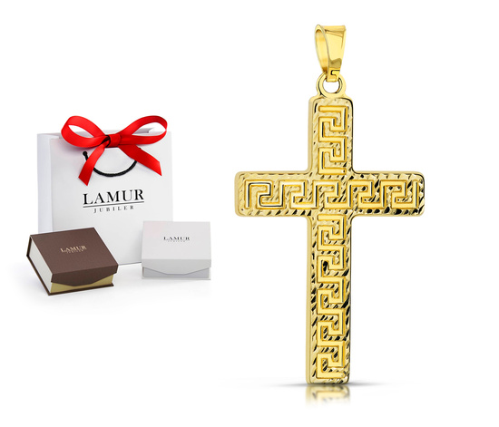 Złoty krzyżyk 585 - zawieszka z greckim wzorem