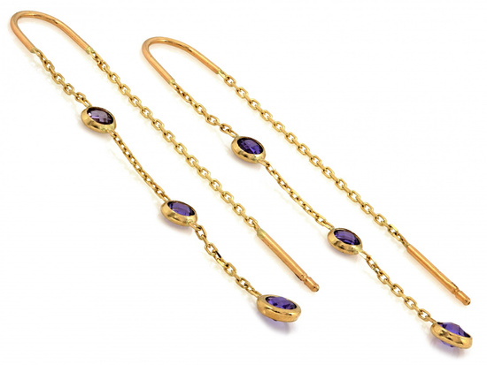 Złote kolczyki długie wiszące z fioletowymi cyrkoniami przeciągane