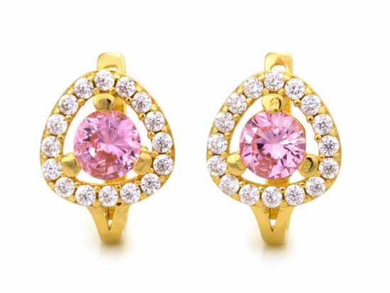 Kolczyki złote delikatne angielskie z różowym oczkiem