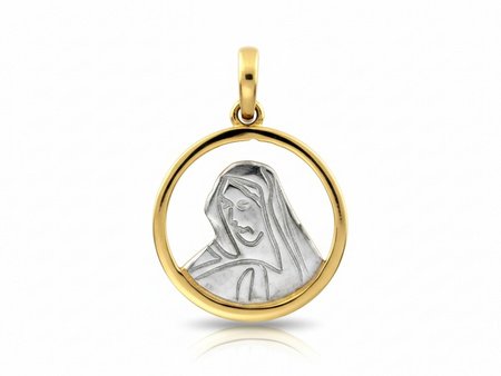 Zawieszka złoty medalik z Matką Bożą z białym złotem